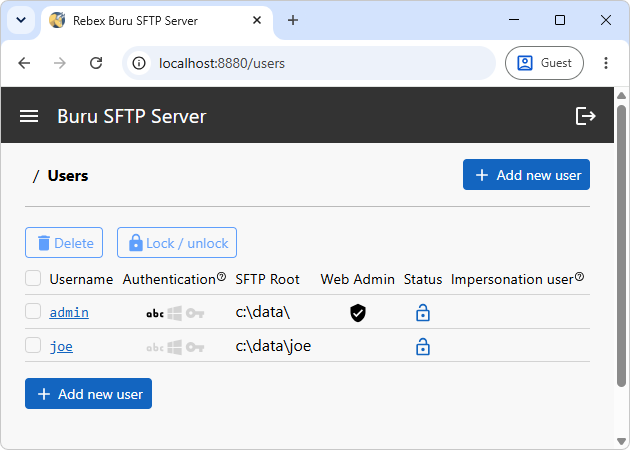 Add SFTP users using Buru SFTP Server Web Administration